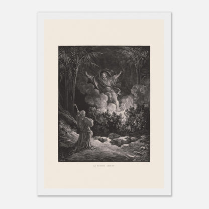 Planche ancienne Le Buisson ardent par Gustave Doré (21x29,7 cm (A4) / Cadre blanc). Gravure de Gustave Doré représentant le buisson ardent, avec une figure biblique s'adressant à une figure divine émergeant de la fumée.