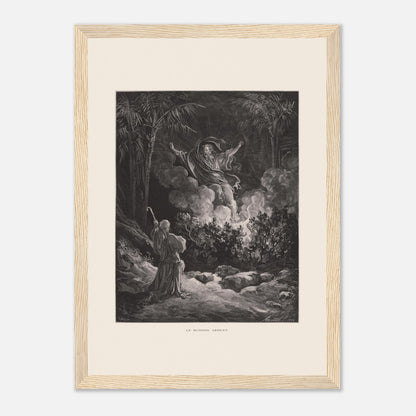 Planche ancienne Le Buisson ardent par Gustave Doré (21x29,7 cm (A4) / Cadre bois clair). Gravure de Gustave Doré représentant le buisson ardent, avec une figure biblique s'adressant à une figure divine émergeant de la fumée.