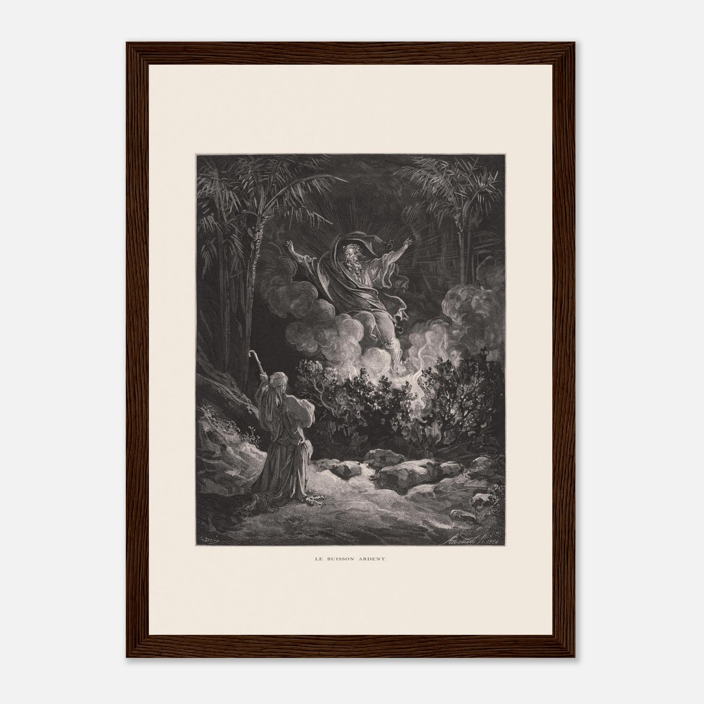 Planche ancienne Le Buisson ardent par Gustave Doré (21x29,7 cm (A4) / Cadre bois foncé). Gravure de Gustave Doré représentant le buisson ardent, avec une figure biblique s'adressant à une figure divine émergeant de la fumée.
