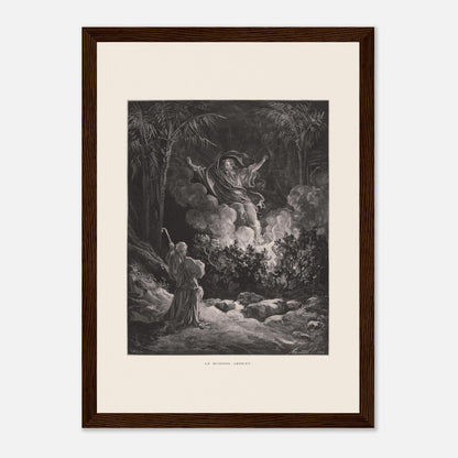 Planche ancienne Le Buisson ardent par Gustave Doré (21x29,7 cm (A4) / Cadre bois foncé). Gravure de Gustave Doré représentant le buisson ardent, avec une figure biblique s'adressant à une figure divine émergeant de la fumée.