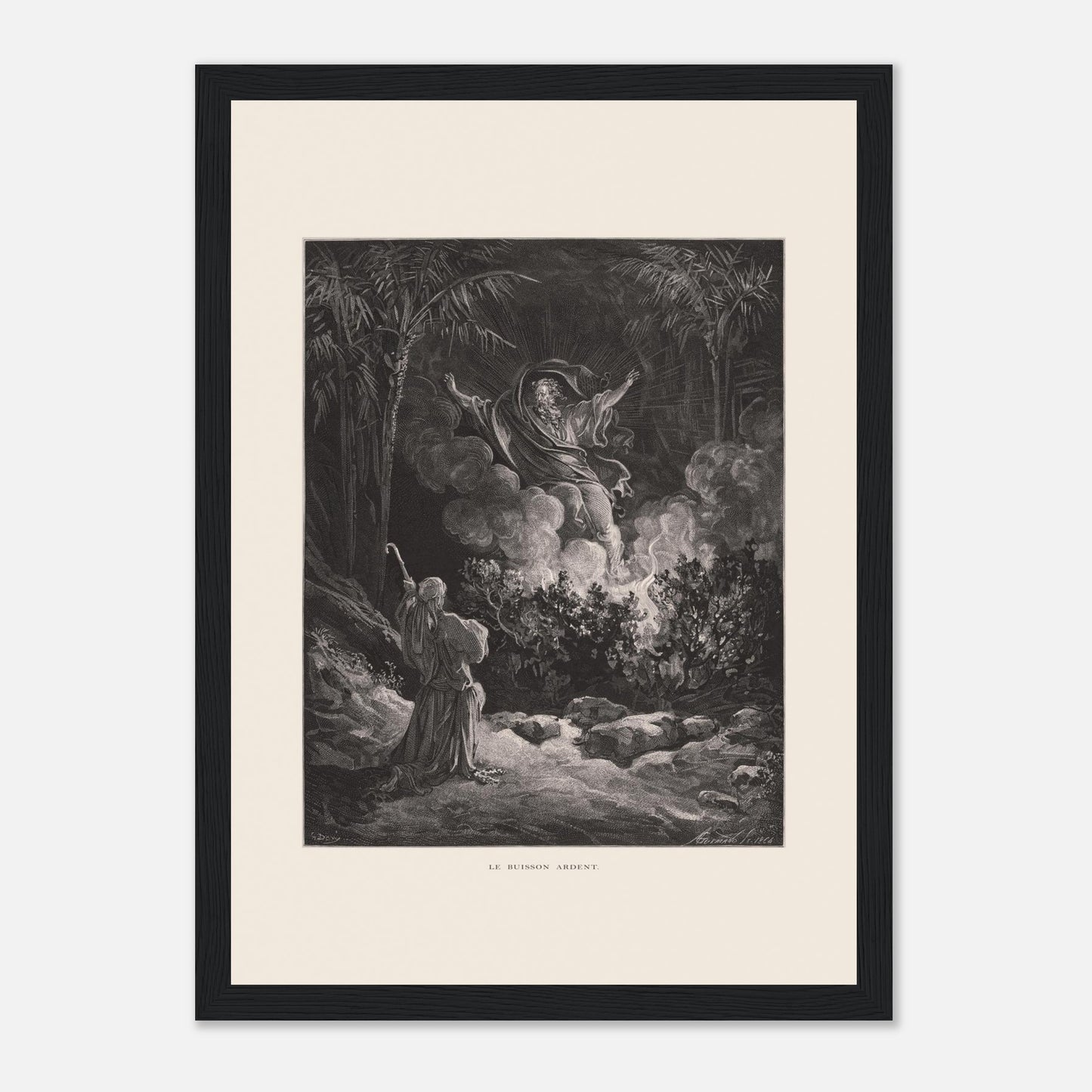Planche ancienne Le Buisson ardent par Gustave Doré (21x29,7 cm (A4) / Cadre noir). Gravure de Gustave Doré représentant le buisson ardent, avec une figure biblique s'adressant à une figure divine émergeant de la fumée.