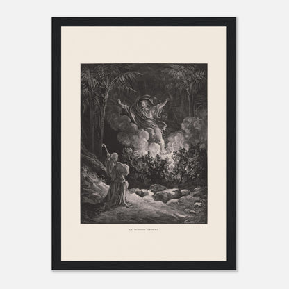 Planche ancienne Le Buisson ardent par Gustave Doré (21x29,7 cm (A4) / Cadre noir). Gravure de Gustave Doré représentant le buisson ardent, avec une figure biblique s'adressant à une figure divine émergeant de la fumée.