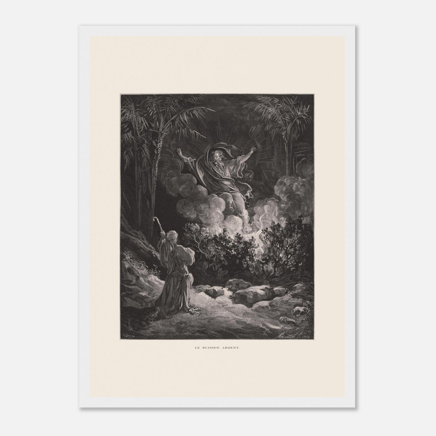 Planche ancienne Le Buisson ardent par Gustave Doré (29,7x42 cm (A3) / Cadre blanc). Gravure de Gustave Doré représentant le buisson ardent, avec une figure biblique s'adressant à une figure divine émergeant de la fumée.