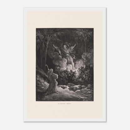 Planche ancienne Le Buisson ardent par Gustave Doré (29,7x42 cm (A3) / Cadre blanc). Gravure de Gustave Doré représentant le buisson ardent, avec une figure biblique s'adressant à une figure divine émergeant de la fumée.