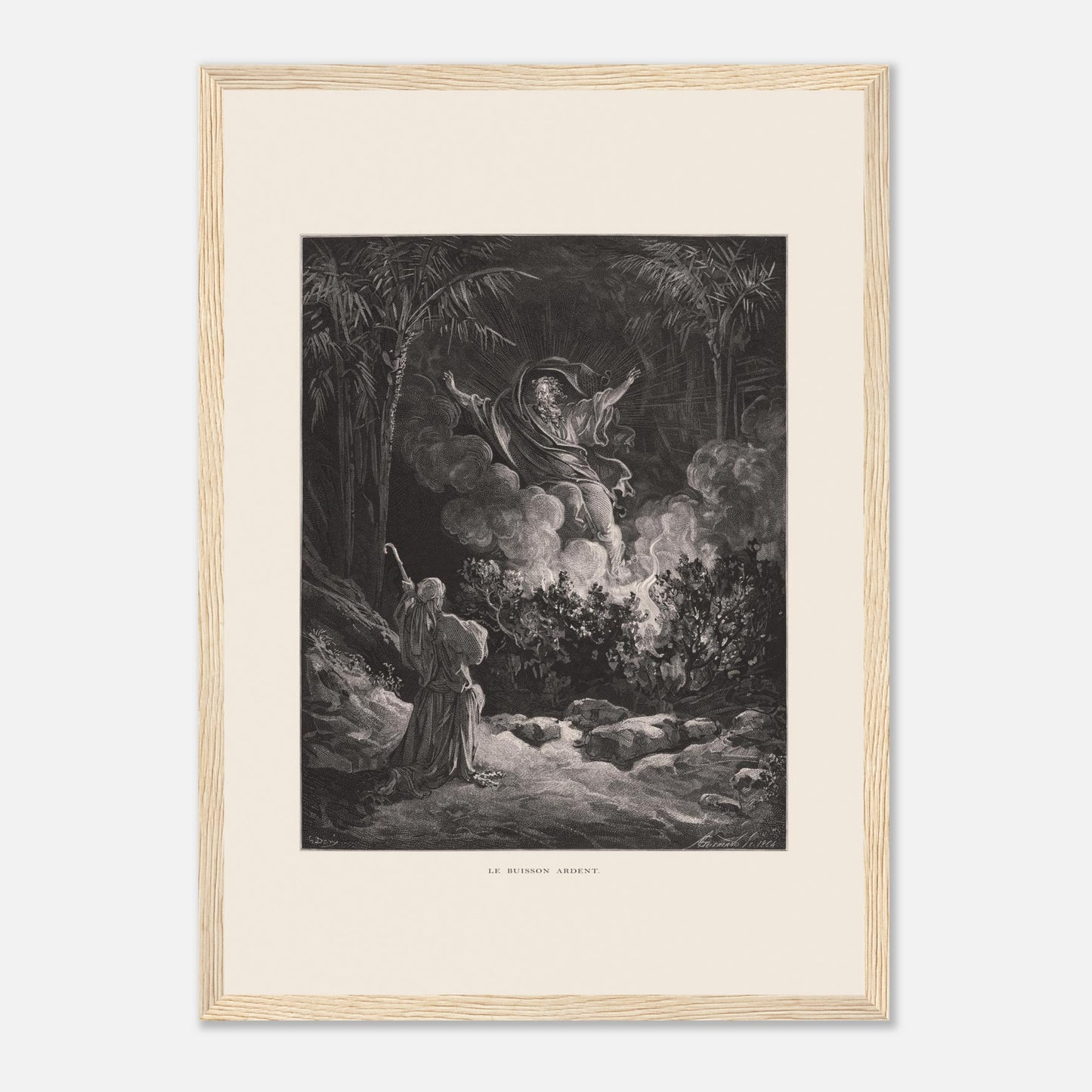 Planche ancienne Le Buisson ardent par Gustave Doré (29,7x42 cm (A3) / Cadre bois clair). Gravure de Gustave Doré représentant le buisson ardent, avec une figure biblique s'adressant à une figure divine émergeant de la fumée.