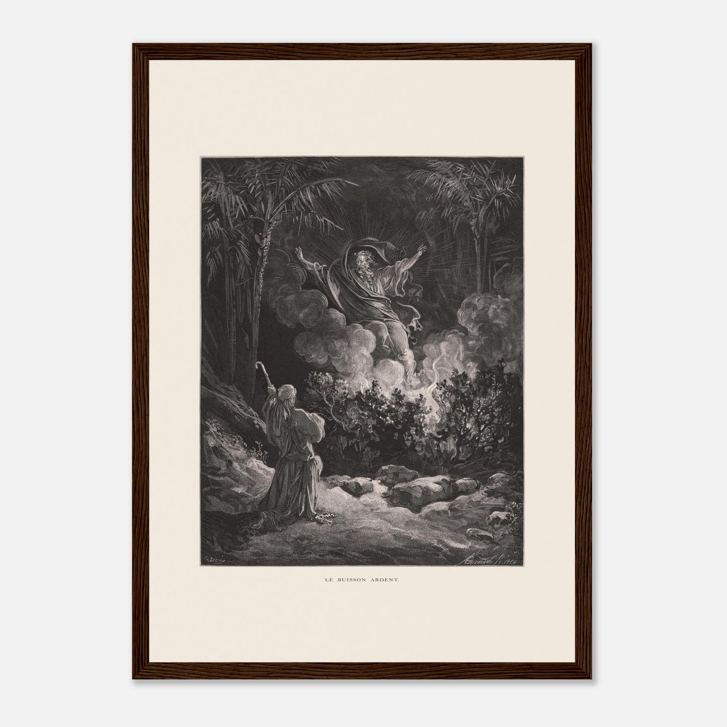 Planche ancienne Le Buisson ardent par Gustave Doré (29,7x42 cm (A3) / Cadre bois foncé). Gravure de Gustave Doré représentant le buisson ardent, avec une figure biblique s'adressant à une figure divine émergeant de la fumée.