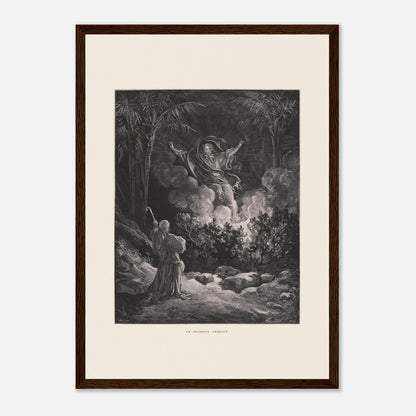 Planche ancienne Le Buisson ardent par Gustave Doré (29,7x42 cm (A3) / Cadre bois foncé). Gravure de Gustave Doré représentant le buisson ardent, avec une figure biblique s'adressant à une figure divine émergeant de la fumée.