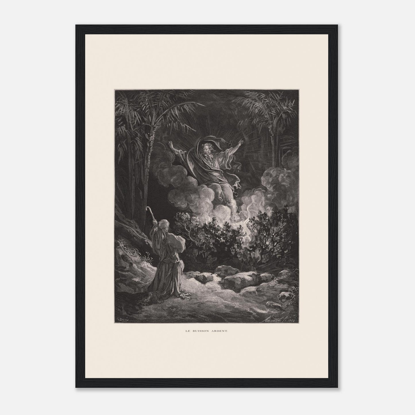 Planche ancienne Le Buisson ardent par Gustave Doré (29,7x42 cm (A3) / Cadre noir). Gravure de Gustave Doré représentant le buisson ardent, avec une figure biblique s'adressant à une figure divine émergeant de la fumée.