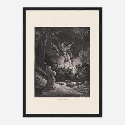 Planche ancienne Le Buisson ardent par Gustave Doré (29,7x42 cm (A3) / Cadre noir). Gravure de Gustave Doré représentant le buisson ardent, avec une figure biblique s'adressant à une figure divine émergeant de la fumée.