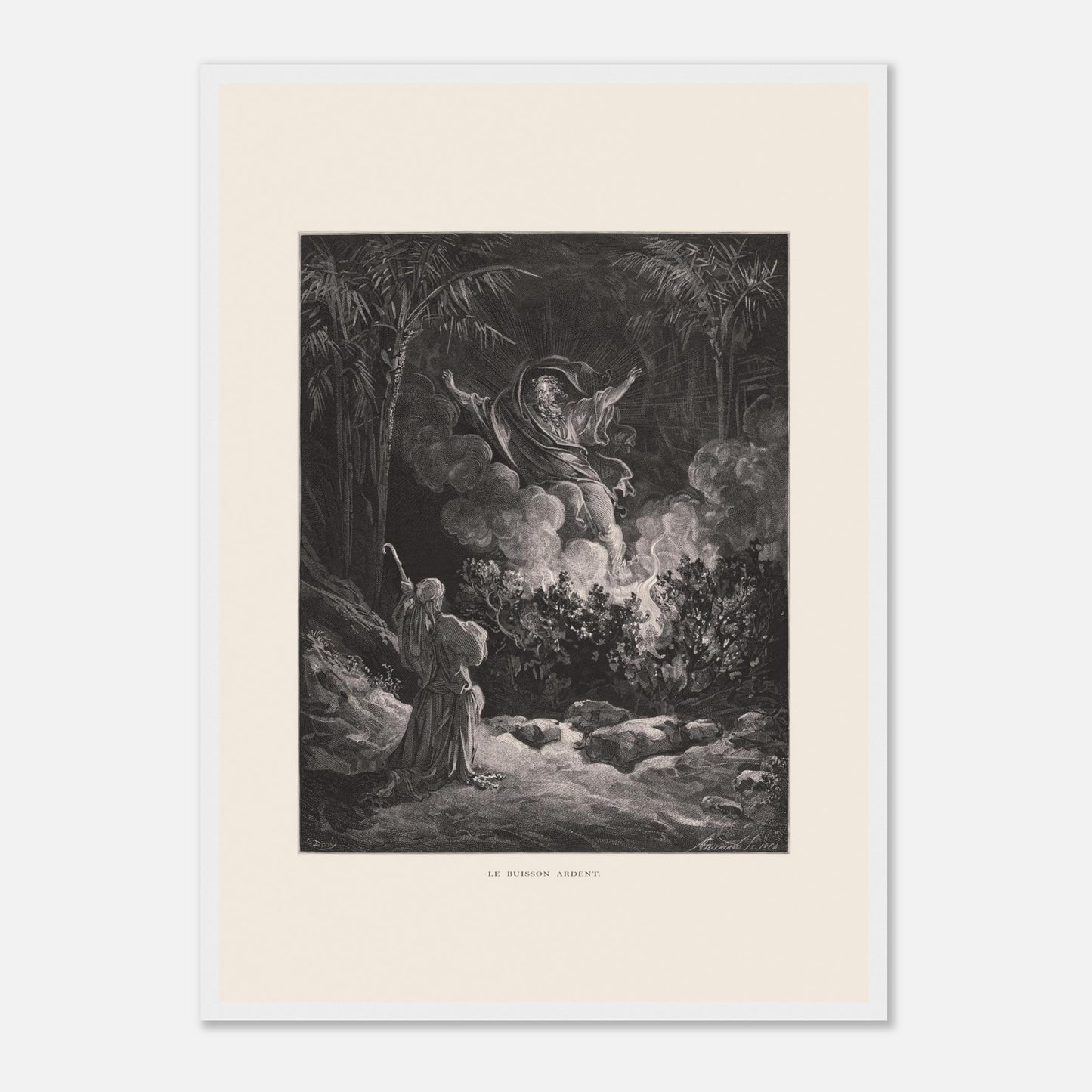 Planche ancienne Le Buisson ardent par Gustave Doré (42x59,4 cm (A2) / Cadre blanc). Gravure de Gustave Doré représentant le buisson ardent, avec une figure biblique s'adressant à une figure divine émergeant de la fumée.