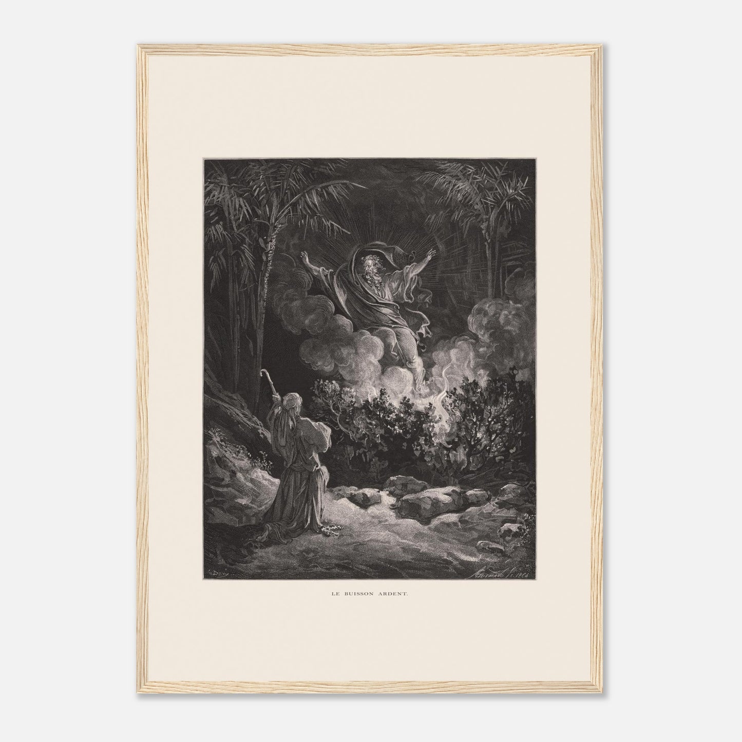 Planche ancienne Le Buisson ardent par Gustave Doré (42x59,4 cm (A2) / Cadre bois clair). Gravure de Gustave Doré représentant le buisson ardent, avec une figure biblique s'adressant à une figure divine émergeant de la fumée.