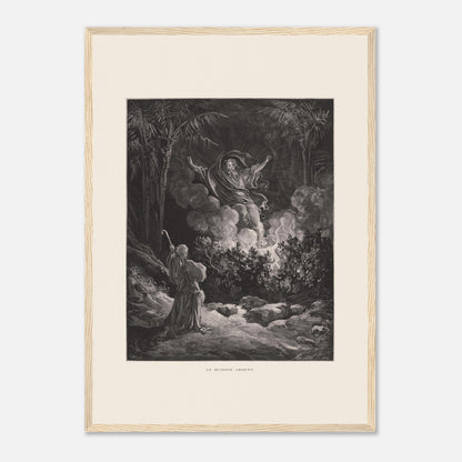 Planche ancienne Le Buisson ardent par Gustave Doré (42x59,4 cm (A2) / Cadre bois clair). Gravure de Gustave Doré représentant le buisson ardent, avec une figure biblique s'adressant à une figure divine émergeant de la fumée.