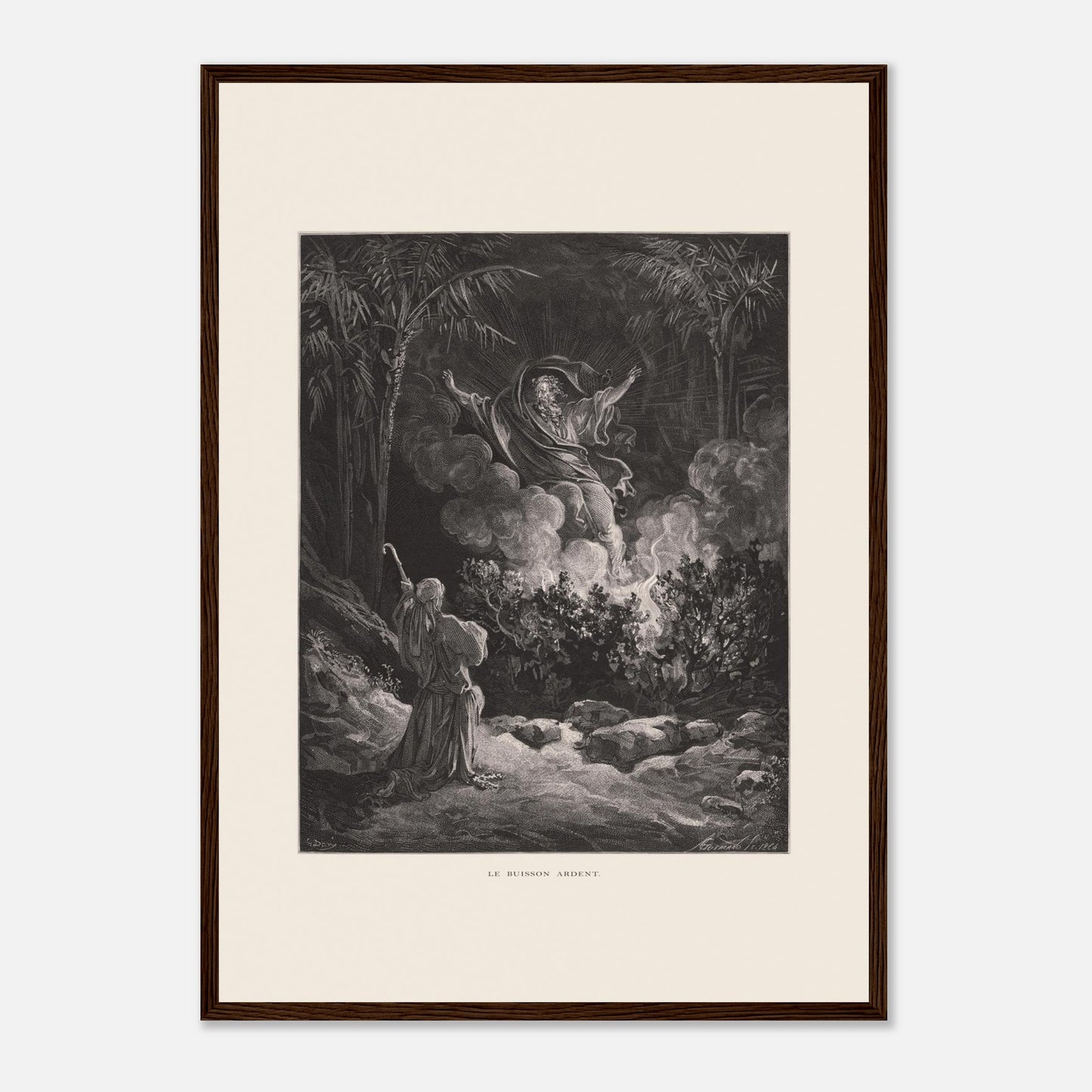 Planche ancienne Le Buisson ardent par Gustave Doré (42x59,4 cm (A2) / Cadre bois foncé). Gravure de Gustave Doré représentant le buisson ardent, avec une figure biblique s'adressant à une figure divine émergeant de la fumée.