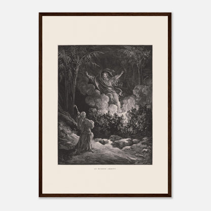 Planche ancienne Le Buisson ardent par Gustave Doré (42x59,4 cm (A2) / Cadre bois foncé). Gravure de Gustave Doré représentant le buisson ardent, avec une figure biblique s'adressant à une figure divine émergeant de la fumée.