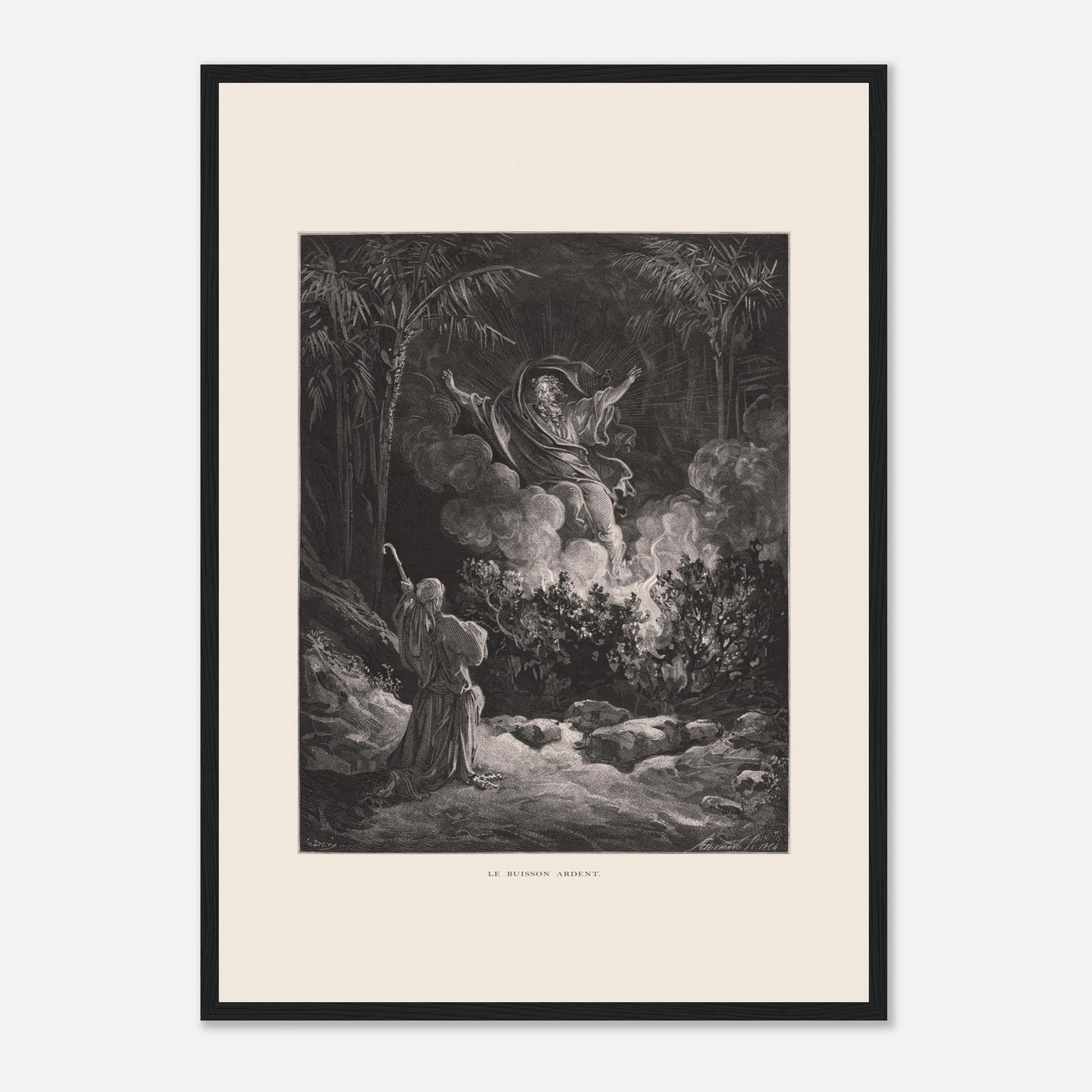 Planche ancienne Le Buisson ardent par Gustave Doré (42x59,4 cm (A2) / Cadre noir). Gravure de Gustave Doré représentant le buisson ardent, avec une figure biblique s'adressant à une figure divine émergeant de la fumée.