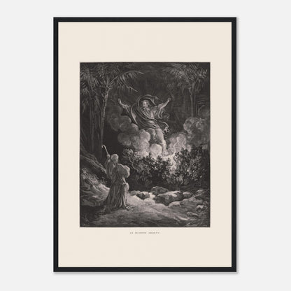 Planche ancienne Le Buisson ardent par Gustave Doré (42x59,4 cm (A2) / Cadre noir). Gravure de Gustave Doré représentant le buisson ardent, avec une figure biblique s'adressant à une figure divine émergeant de la fumée.