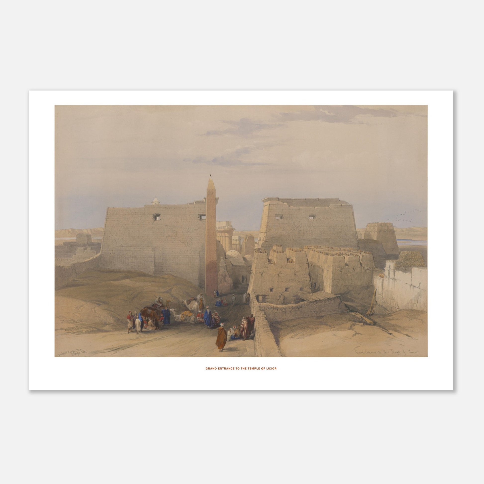 Planche ancienne : Grande entrée du temple de Louxor - David Roberts (21x29,7 cm (A4)). Lithographie ancienne montrant la grande entrée du temple de Louxor, avec des personnages et des chameaux.
