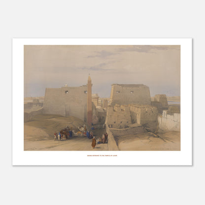 Planche ancienne : Grande entrée du temple de Louxor - David Roberts (29,7x42 cm (A3)). Lithographie ancienne montrant la grande entrée du temple de Louxor, avec des personnages et des chameaux.