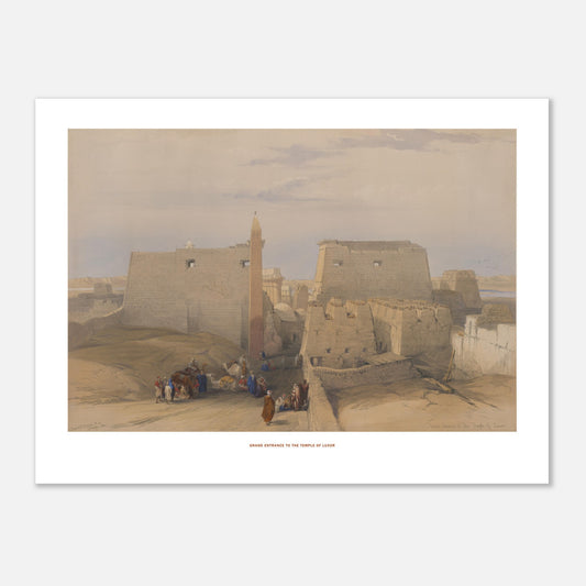 Planche ancienne : Grande entrée du temple de Louxor - David Roberts (30x40 cm). Lithographie ancienne montrant la grande entrée du temple de Louxor, avec des personnages et des chameaux.