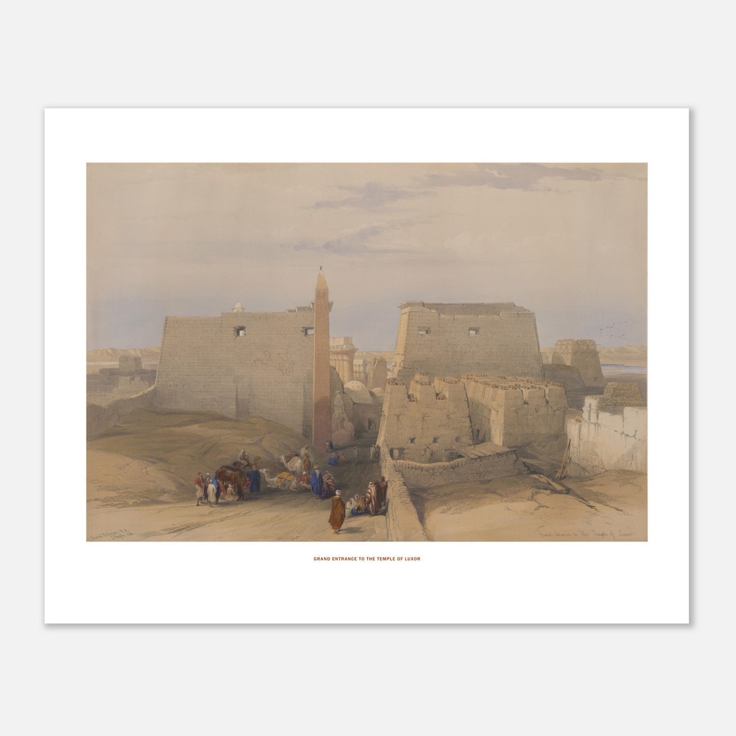 Planche ancienne : Grande entrée du temple de Louxor - David Roberts (40x50 cm). Lithographie ancienne montrant la grande entrée du temple de Louxor, avec des personnages et des chameaux.