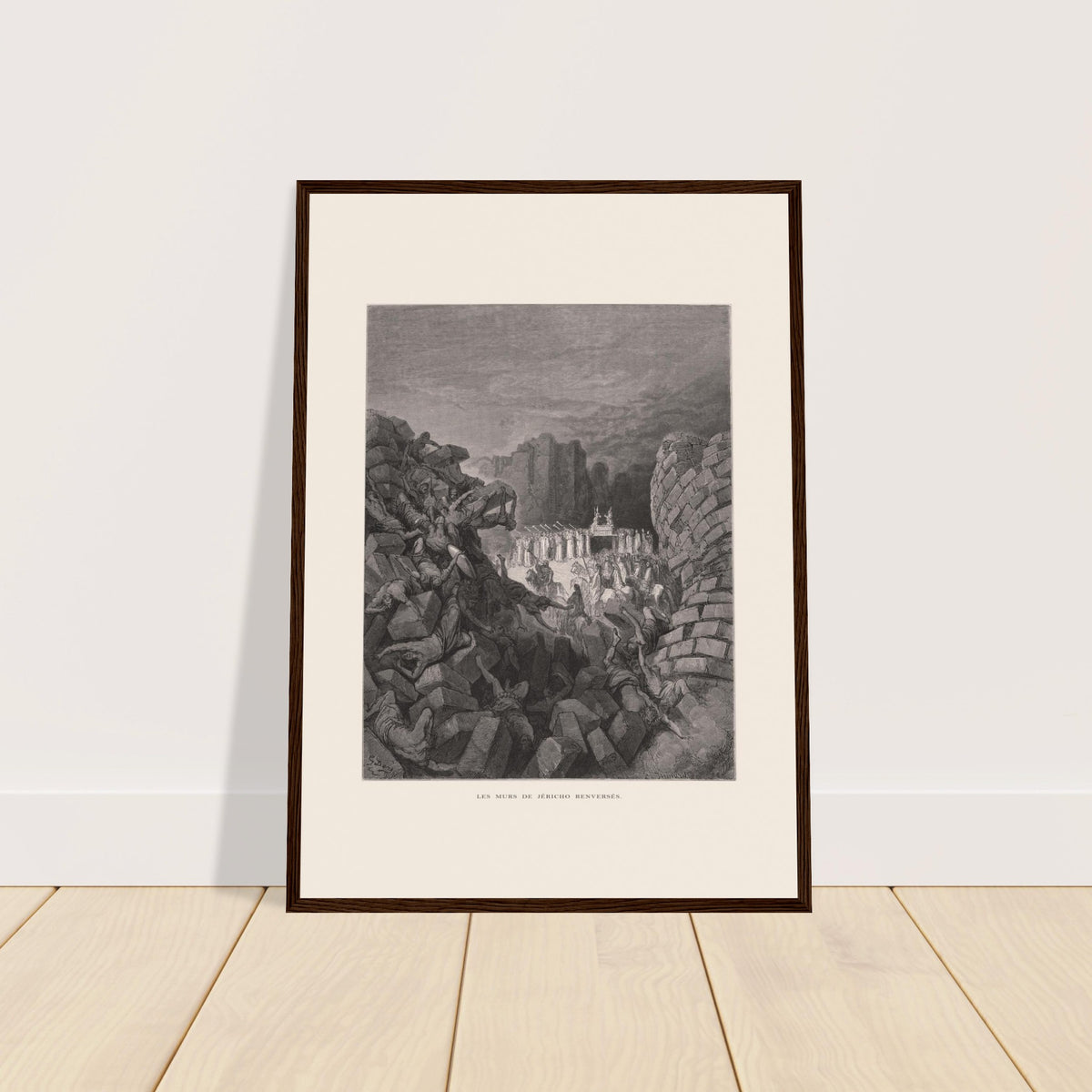 Antike Tafel Die Mauern von Jericho von Gustave Doré. Stich von Gustave Dore, der den Einsturz der Mauern von Jericho illustriert, mit Menschen unter den Trümmern und einer Gruppe von Männern, die eine Bundeslade tragen.