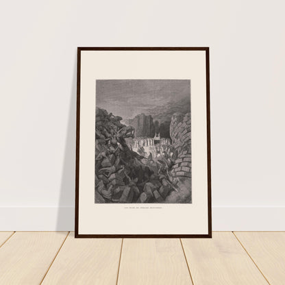 Antike Tafel Die Mauern von Jericho von Gustave Doré. Stich von Gustave Dore, der den Einsturz der Mauern von Jericho illustriert, mit Menschen unter den Trümmern und einer Gruppe von Männern, die eine Bundeslade tragen.