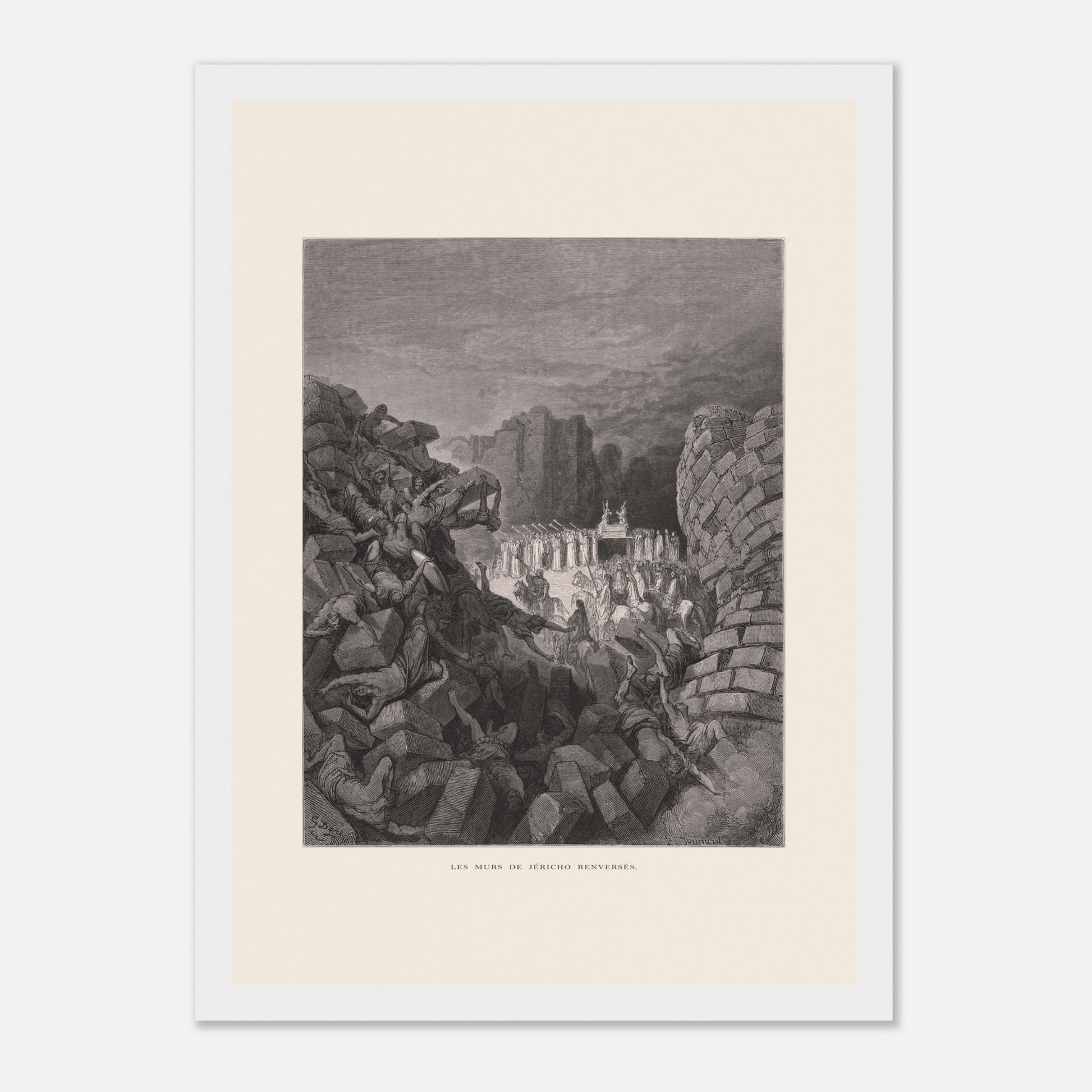 Planche ancienne Les murs de Jéricho renversés par Gustave Doré (21x29,7 cm (A4) / Cadre blanc). Gravure de Gustave Doré illustrant l'effondrement des murs de Jéricho, avec des personnes sous les décombres et un groupe d'hommes portant une arche.
