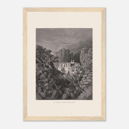 Planche ancienne Les murs de Jéricho renversés par Gustave Doré (21x29,7 cm (A4) / Cadre bois clair). Gravure de Gustave Doré illustrant l'effondrement des murs de Jéricho, avec des personnes sous les décombres et un groupe d'hommes portant une arche.