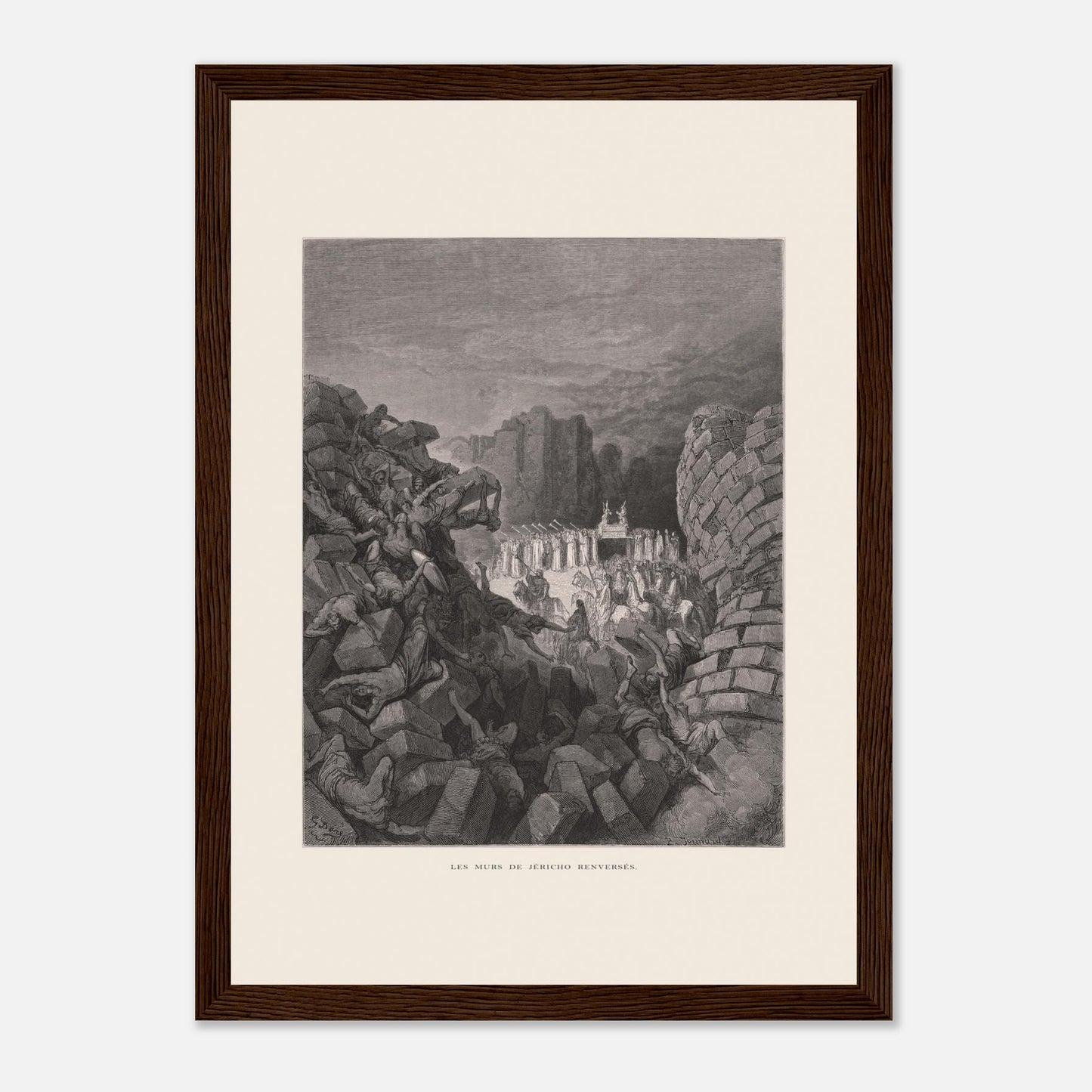 Planche ancienne Les murs de Jéricho renversés par Gustave Doré (21x29,7 cm (A4) / Cadre bois foncé). Gravure de Gustave Doré illustrant l'effondrement des murs de Jéricho, avec des personnes sous les décombres et un groupe d'hommes portant une arche.
