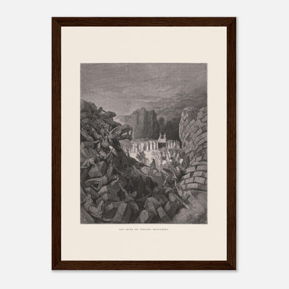 Planche ancienne Les murs de Jéricho renversés par Gustave Doré (21x29,7 cm (A4) / Cadre bois foncé). Gravure de Gustave Doré illustrant l'effondrement des murs de Jéricho, avec des personnes sous les décombres et un groupe d'hommes portant une arche.
