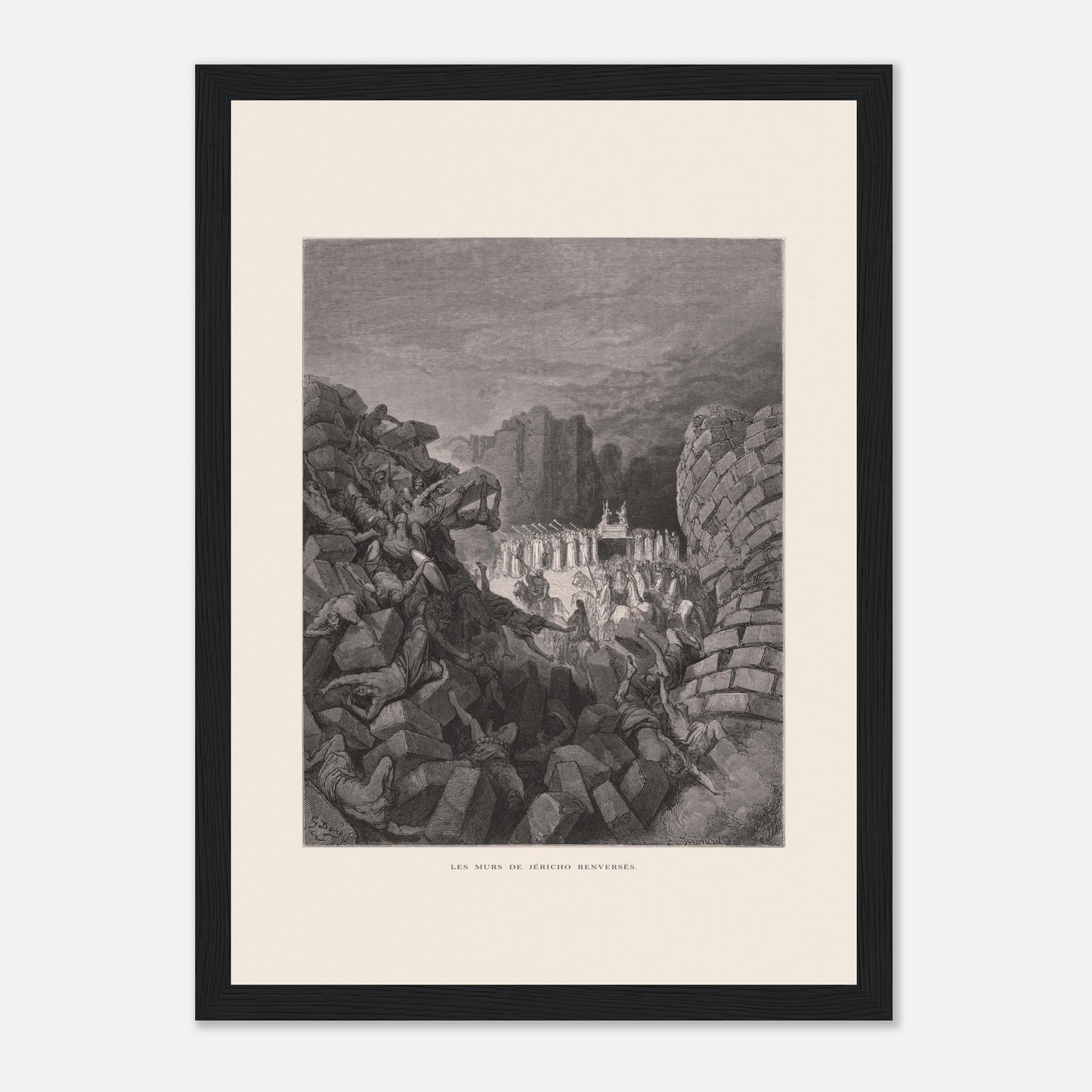 Planche ancienne Les murs de Jéricho renversés par Gustave Doré (21x29,7 cm (A4) / Cadre noir). Gravure de Gustave Doré illustrant l'effondrement des murs de Jéricho, avec des personnes sous les décombres et un groupe d'hommes portant une arche.