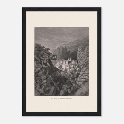 Planche ancienne Les murs de Jéricho renversés par Gustave Doré (21x29,7 cm (A4) / Cadre noir). Gravure de Gustave Doré illustrant l'effondrement des murs de Jéricho, avec des personnes sous les décombres et un groupe d'hommes portant une arche.