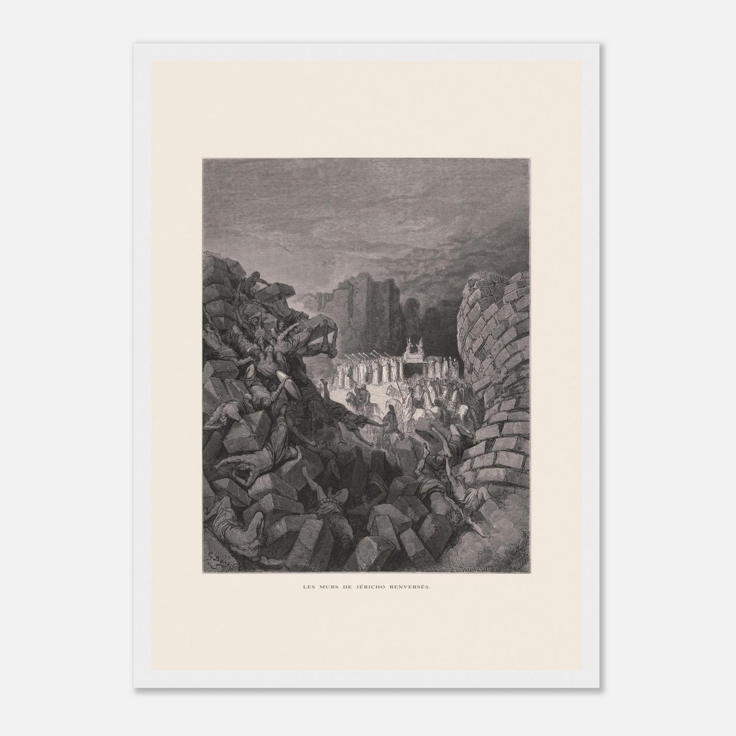 Planche ancienne Les murs de Jéricho renversés par Gustave Doré (29,7x42 cm (A3) / Cadre blanc). Gravure de Gustave Doré illustrant l'effondrement des murs de Jéricho, avec des personnes sous les décombres et un groupe d'hommes portant une arche.