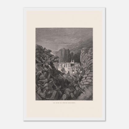 Planche ancienne Les murs de Jéricho renversés par Gustave Doré (29,7x42 cm (A3) / Cadre blanc). Gravure de Gustave Doré illustrant l'effondrement des murs de Jéricho, avec des personnes sous les décombres et un groupe d'hommes portant une arche.
