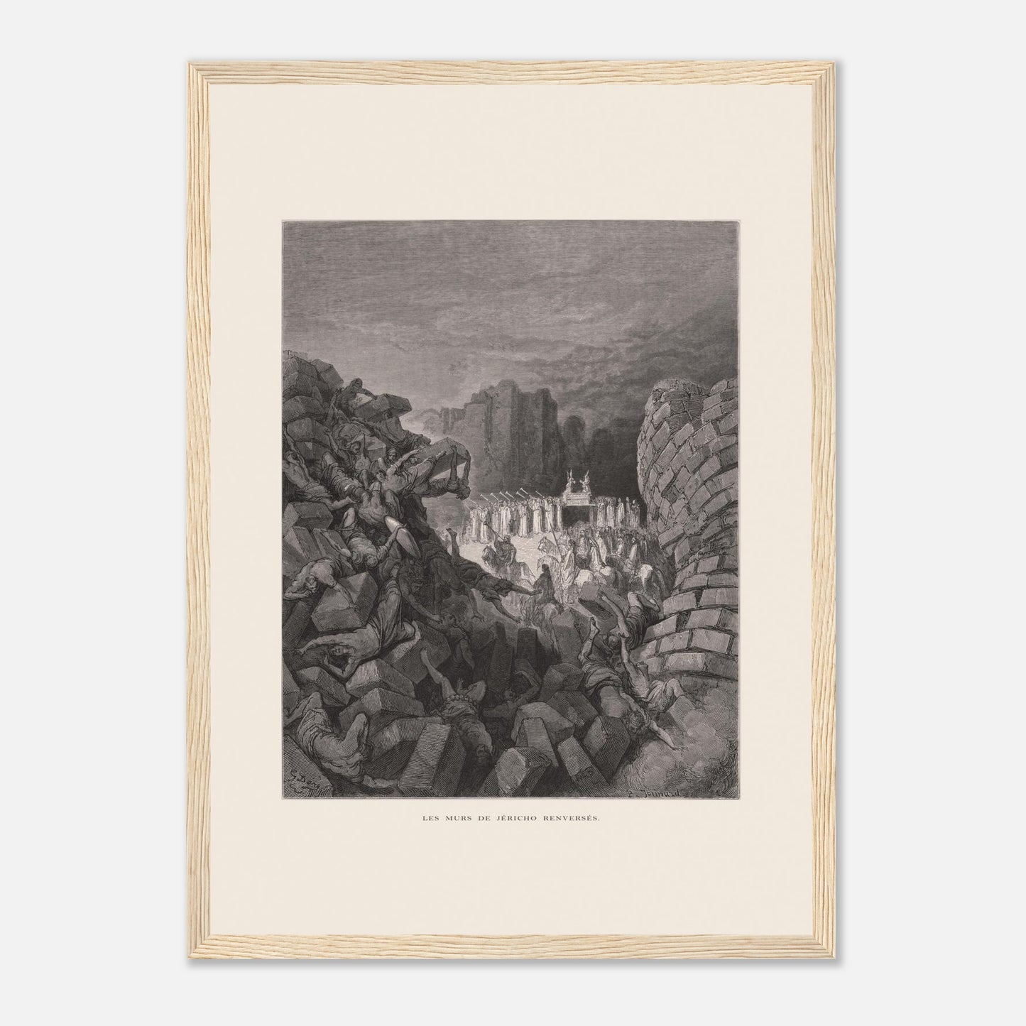 Planche ancienne Les murs de Jéricho renversés par Gustave Doré (29,7x42 cm (A3) / Cadre bois clair). Gravure de Gustave Doré illustrant l'effondrement des murs de Jéricho, avec des personnes sous les décombres et un groupe d'hommes portant une arche.