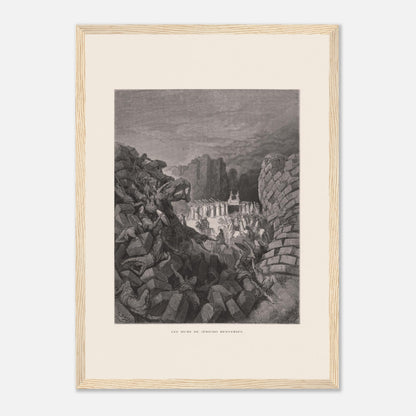 Planche ancienne Les murs de Jéricho renversés par Gustave Doré (29,7x42 cm (A3) / Cadre bois clair). Gravure de Gustave Doré illustrant l'effondrement des murs de Jéricho, avec des personnes sous les décombres et un groupe d'hommes portant une arche.