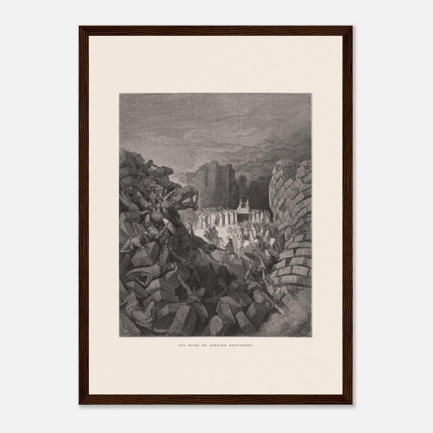 Planche ancienne Les murs de Jéricho renversés par Gustave Doré (29,7x42 cm (A3) / Cadre bois foncé). Gravure de Gustave Doré illustrant l'effondrement des murs de Jéricho, avec des personnes sous les décombres et un groupe d'hommes portant une arche.