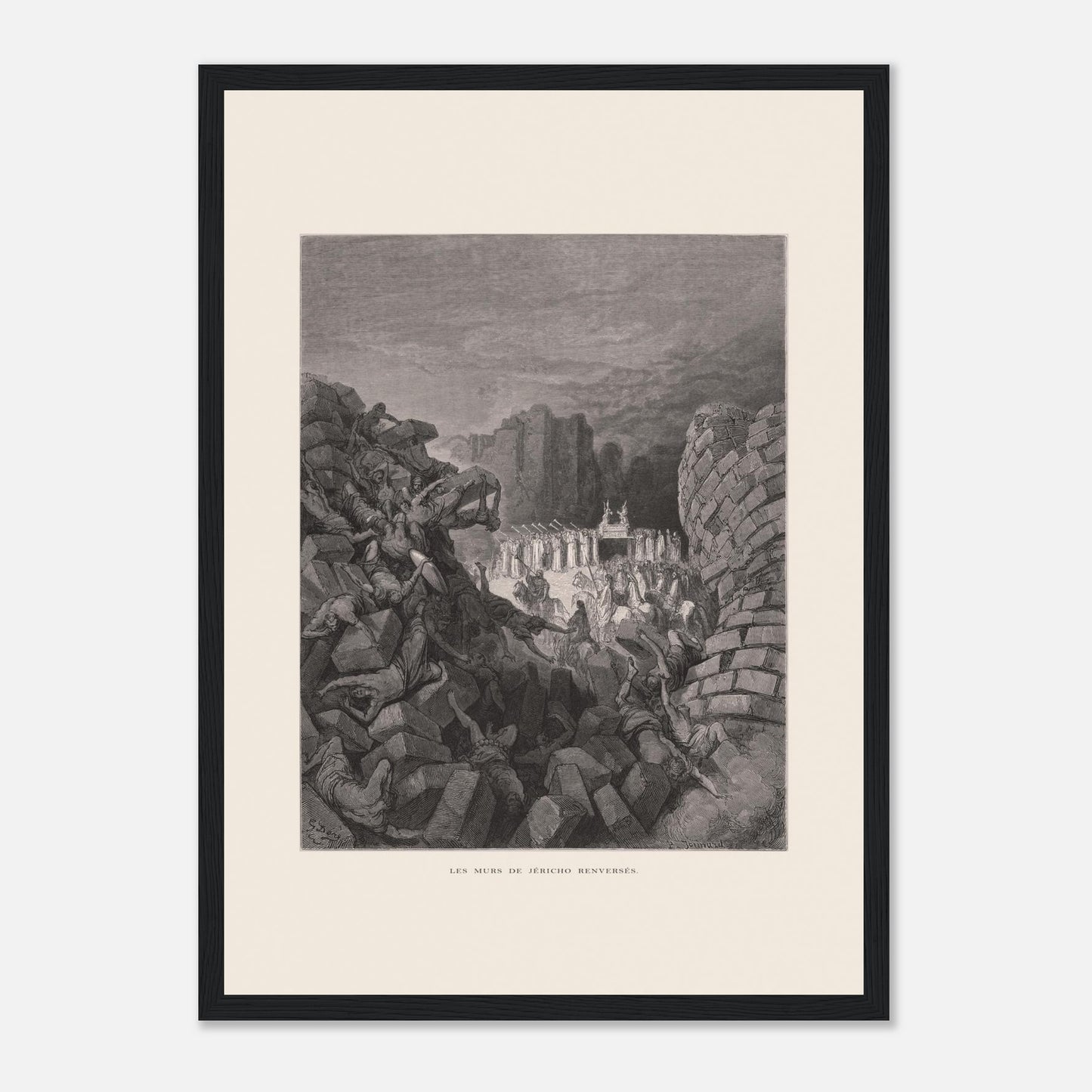 Planche ancienne Les murs de Jéricho renversés par Gustave Doré (29,7x42 cm (A3) / Cadre noir). Gravure de Gustave Doré illustrant l'effondrement des murs de Jéricho, avec des personnes sous les décombres et un groupe d'hommes portant une arche.
