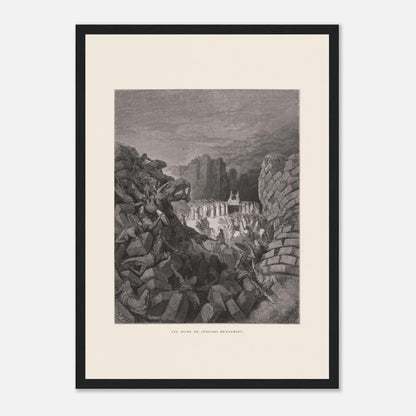 Planche ancienne Les murs de Jéricho renversés par Gustave Doré (29,7x42 cm (A3) / Cadre noir). Gravure de Gustave Doré illustrant l'effondrement des murs de Jéricho, avec des personnes sous les décombres et un groupe d'hommes portant une arche.