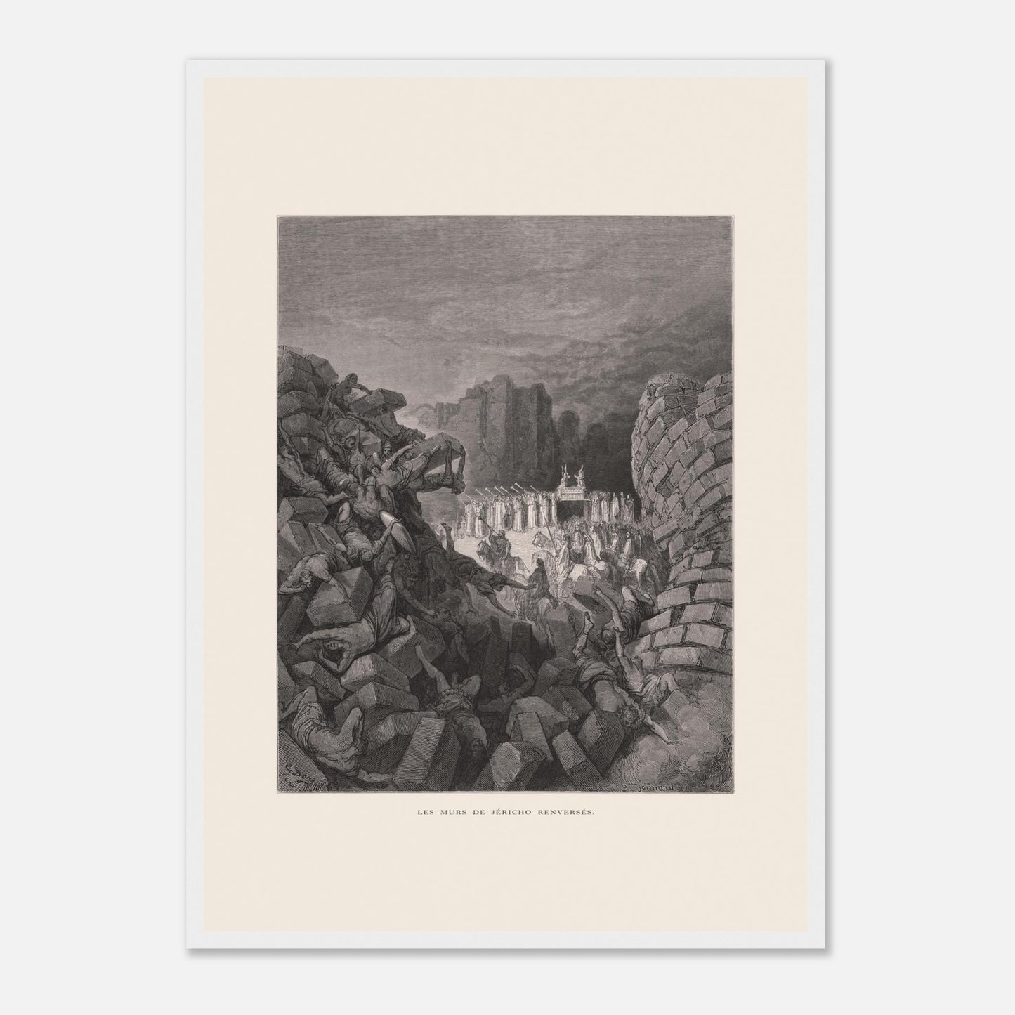 Planche ancienne Les murs de Jéricho renversés par Gustave Doré (42x59,4 cm (A2) / Cadre blanc). Gravure de Gustave Doré illustrant l'effondrement des murs de Jéricho, avec des personnes sous les décombres et un groupe d'hommes portant une arche.