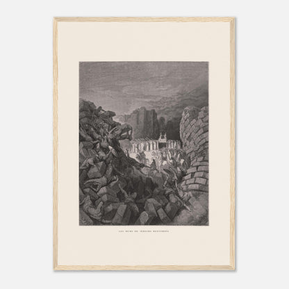 Planche ancienne Les murs de Jéricho renversés par Gustave Doré (42x59,4 cm (A2) / Cadre bois clair). Gravure de Gustave Doré illustrant l'effondrement des murs de Jéricho, avec des personnes sous les décombres et un groupe d'hommes portant une arche.