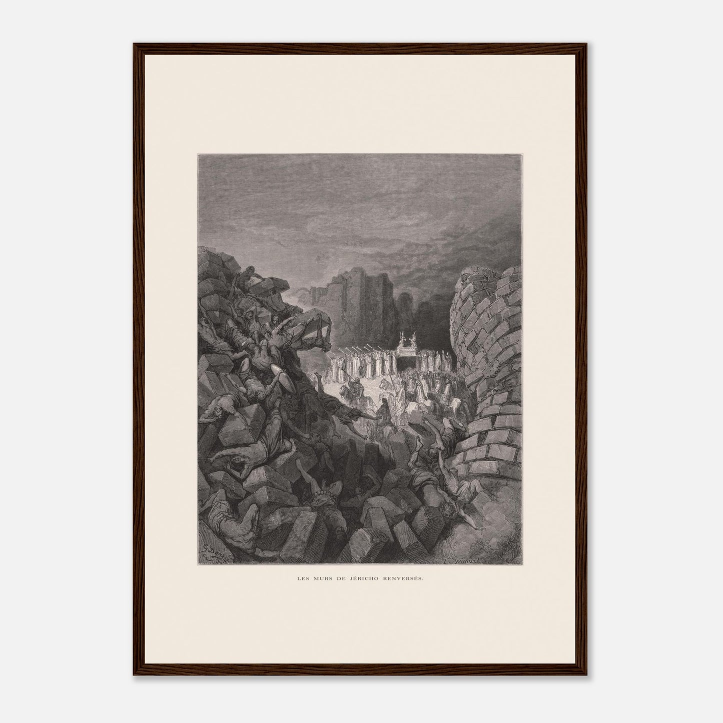 Planche ancienne Les murs de Jéricho renversés par Gustave Doré (42x59,4 cm (A2) / Cadre bois foncé). Gravure de Gustave Doré illustrant l'effondrement des murs de Jéricho, avec des personnes sous les décombres et un groupe d'hommes portant une arche.