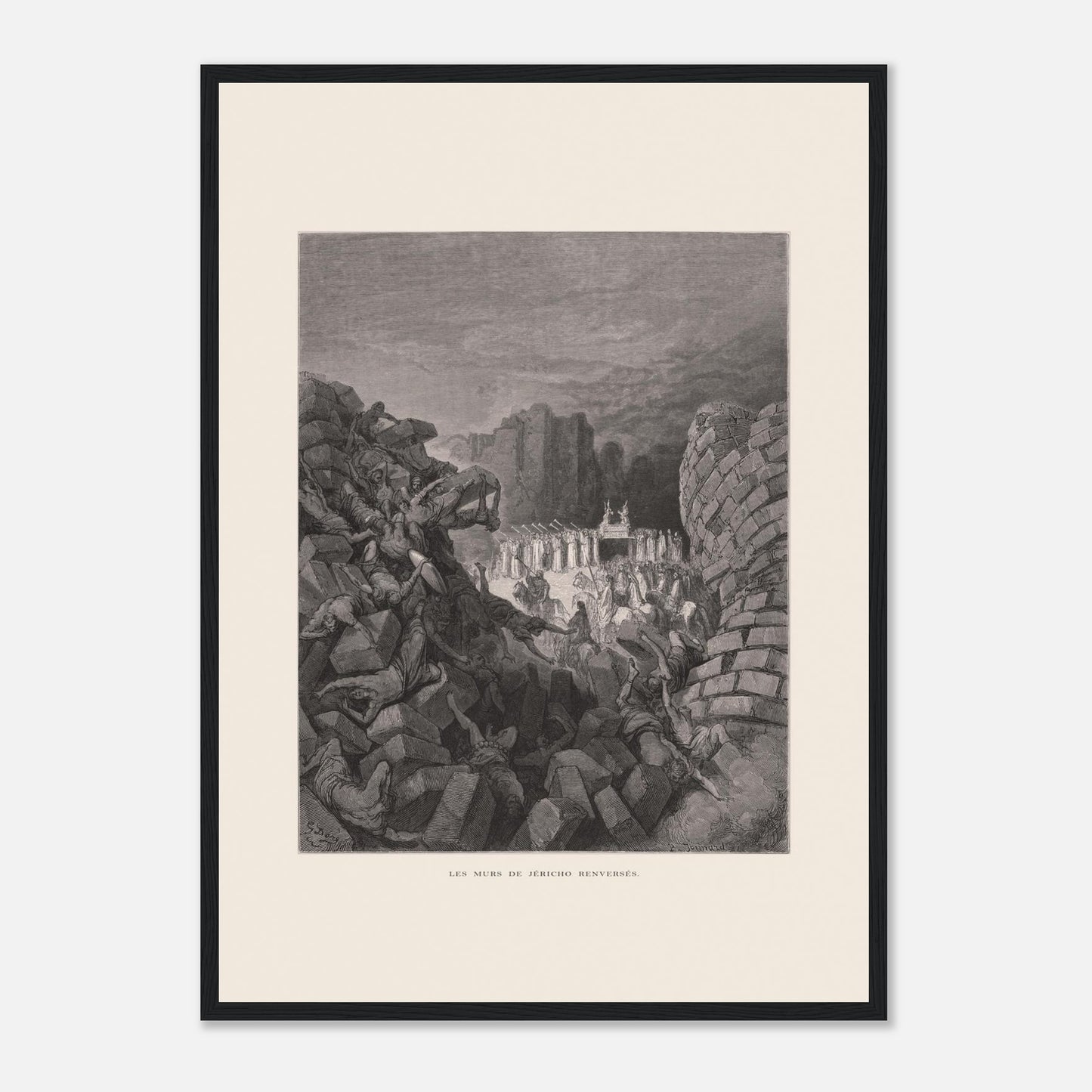 Planche ancienne Les murs de Jéricho renversés par Gustave Doré (42x59,4 cm (A2) / Cadre noir). Gravure de Gustave Doré illustrant l'effondrement des murs de Jéricho, avec des personnes sous les décombres et un groupe d'hommes portant une arche.
