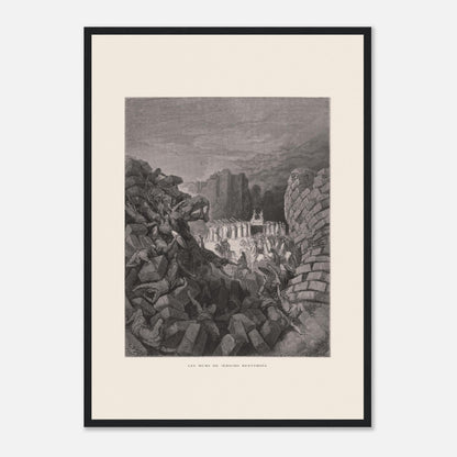 Planche ancienne Les murs de Jéricho renversés par Gustave Doré (42x59,4 cm (A2) / Cadre noir). Gravure de Gustave Doré illustrant l'effondrement des murs de Jéricho, avec des personnes sous les décombres et un groupe d'hommes portant une arche.