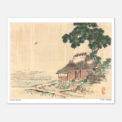 Planche ancienne Pluie de mai de Kōno Bairei (20x25 cm). Illustration naturaliste japonaise de Kōno Bairei représentant une petite chaumière sous un arbre feuillu, avec un oiseau dans le ciel et un champ cultivé.