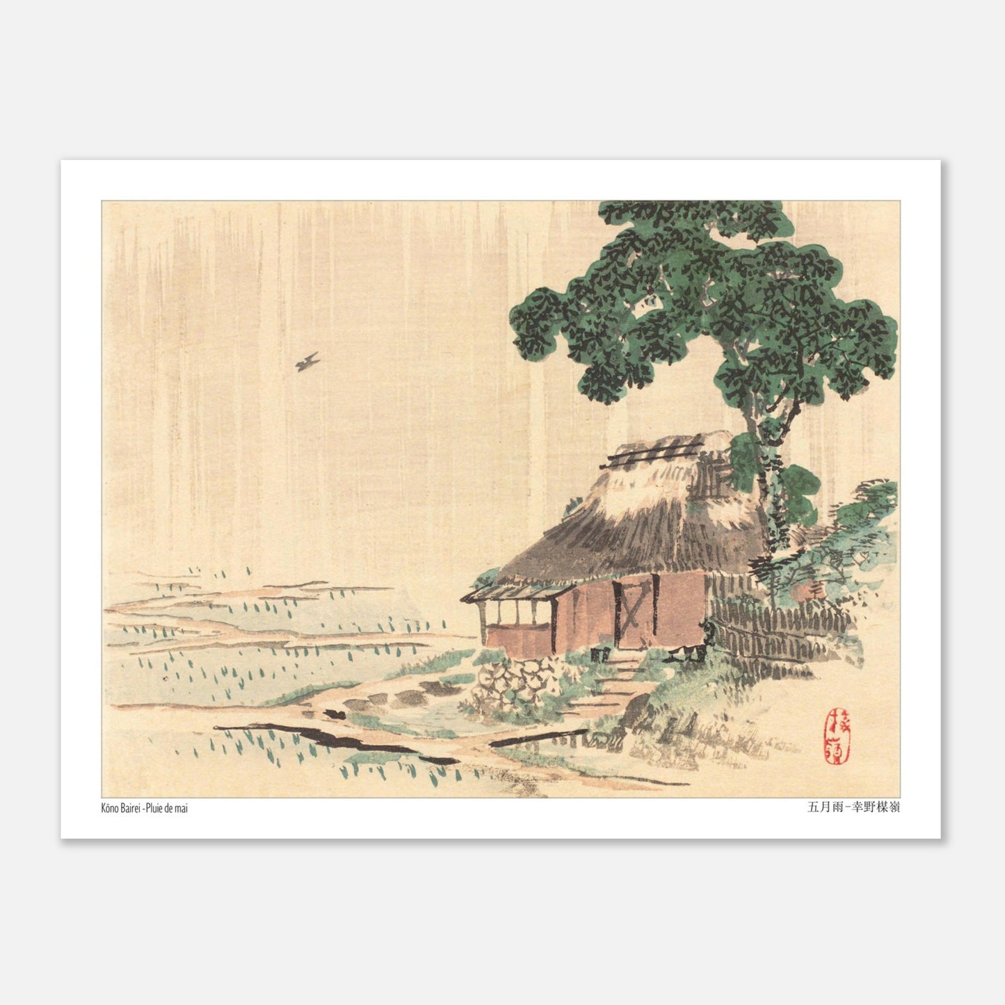 Planche ancienne Pluie de mai de Kōno Bairei (27x35 cm). Illustration naturaliste japonaise de Kōno Bairei représentant une petite chaumière sous un arbre feuillu, avec un oiseau dans le ciel et un champ cultivé.