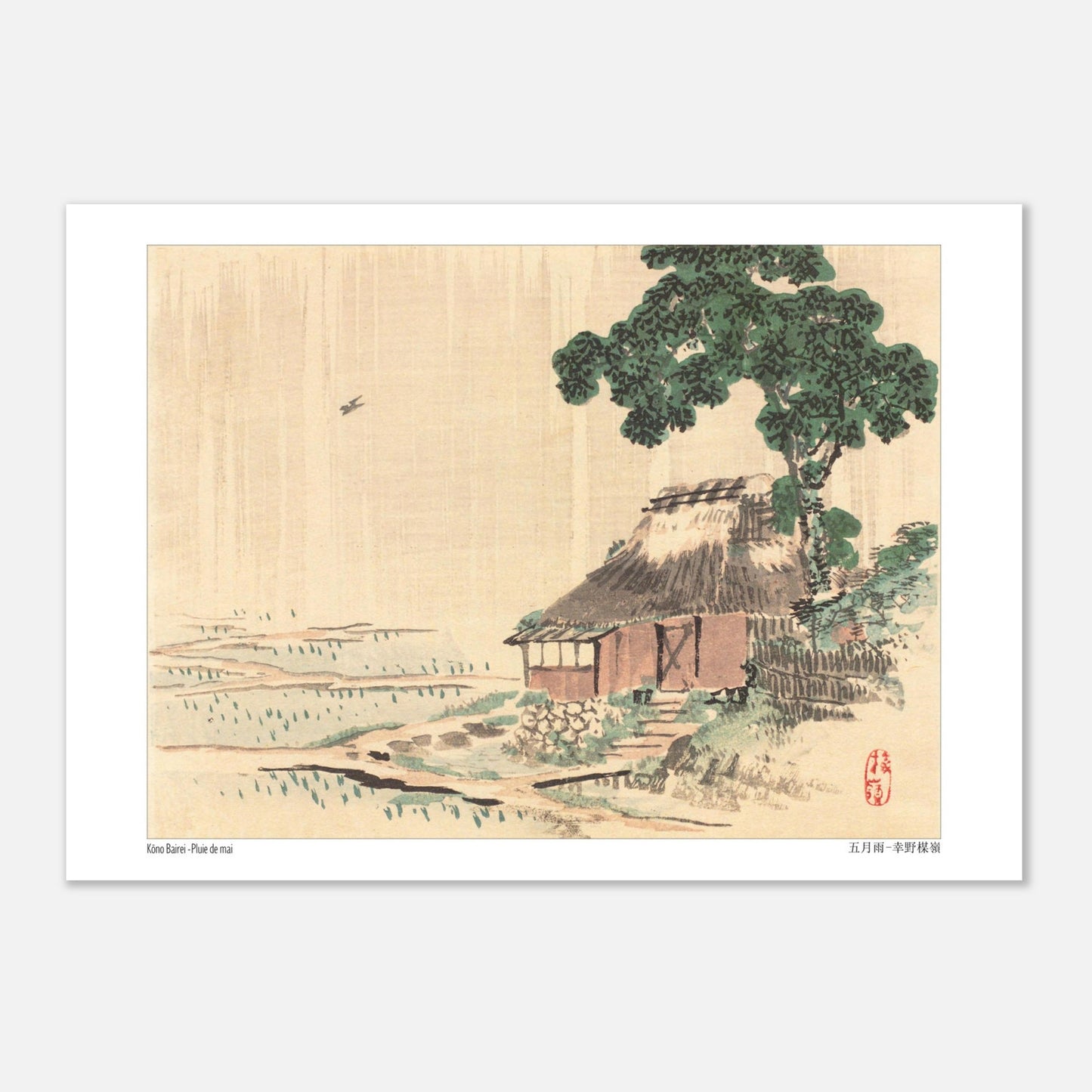 Planche ancienne Pluie de mai de Kōno Bairei (29,7x42 cm (A3)). Illustration naturaliste japonaise de Kōno Bairei représentant une petite chaumière sous un arbre feuillu, avec un oiseau dans le ciel et un champ cultivé.