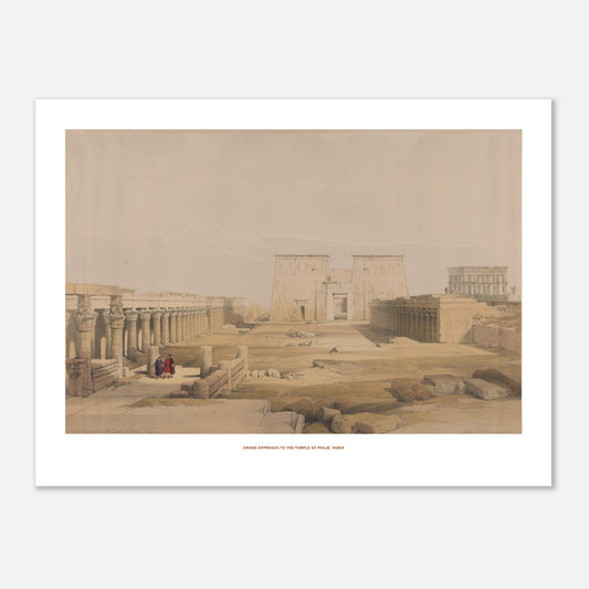 Planche ancienne : Grande approche du temple de Philæ - David Roberts (30x40 cm). Lithographie ancienne de l'approche du temple de Philæ en Nubie, avec une longue colonnade et des figures humaines.