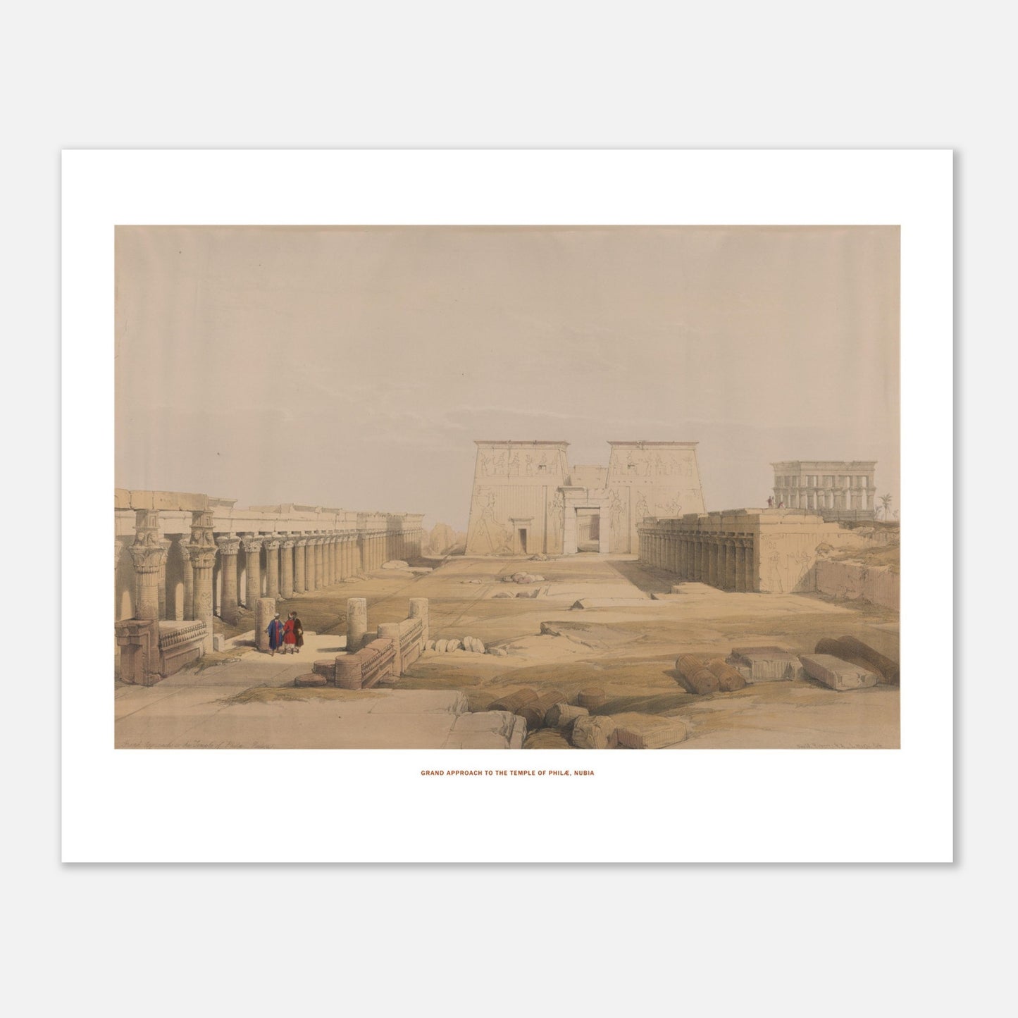 Planche ancienne : Grande approche du temple de Philæ - David Roberts (40x50 cm). Lithographie ancienne de l'approche du temple de Philæ en Nubie, avec une longue colonnade et des figures humaines.