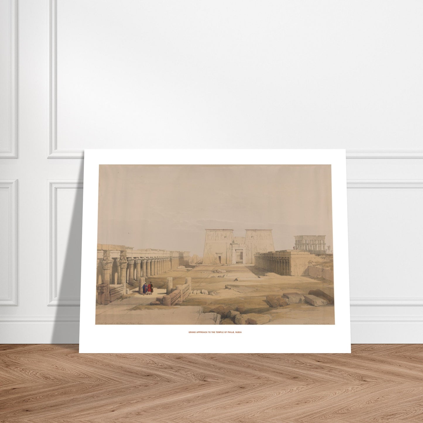 Planche ancienne : Grande approche du temple de Philæ - David Roberts. Lithographie ancienne de l'approche du temple de Philæ en Nubie, avec une longue colonnade et des figures humaines. Image d'illustration 6